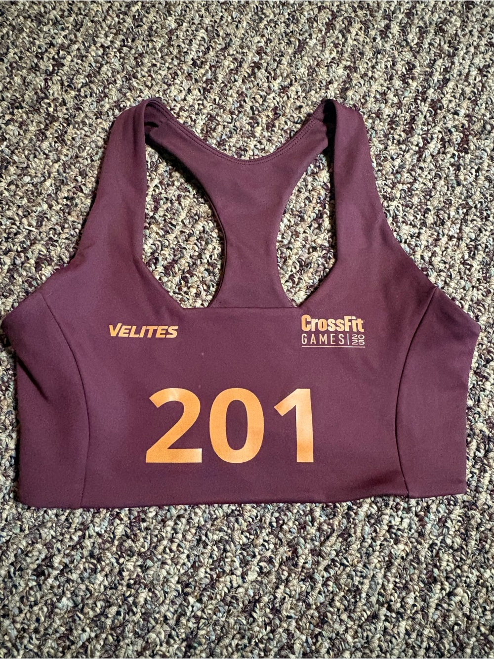 CrossFit Games Maroon Racerback Sports Bra with Orange Print